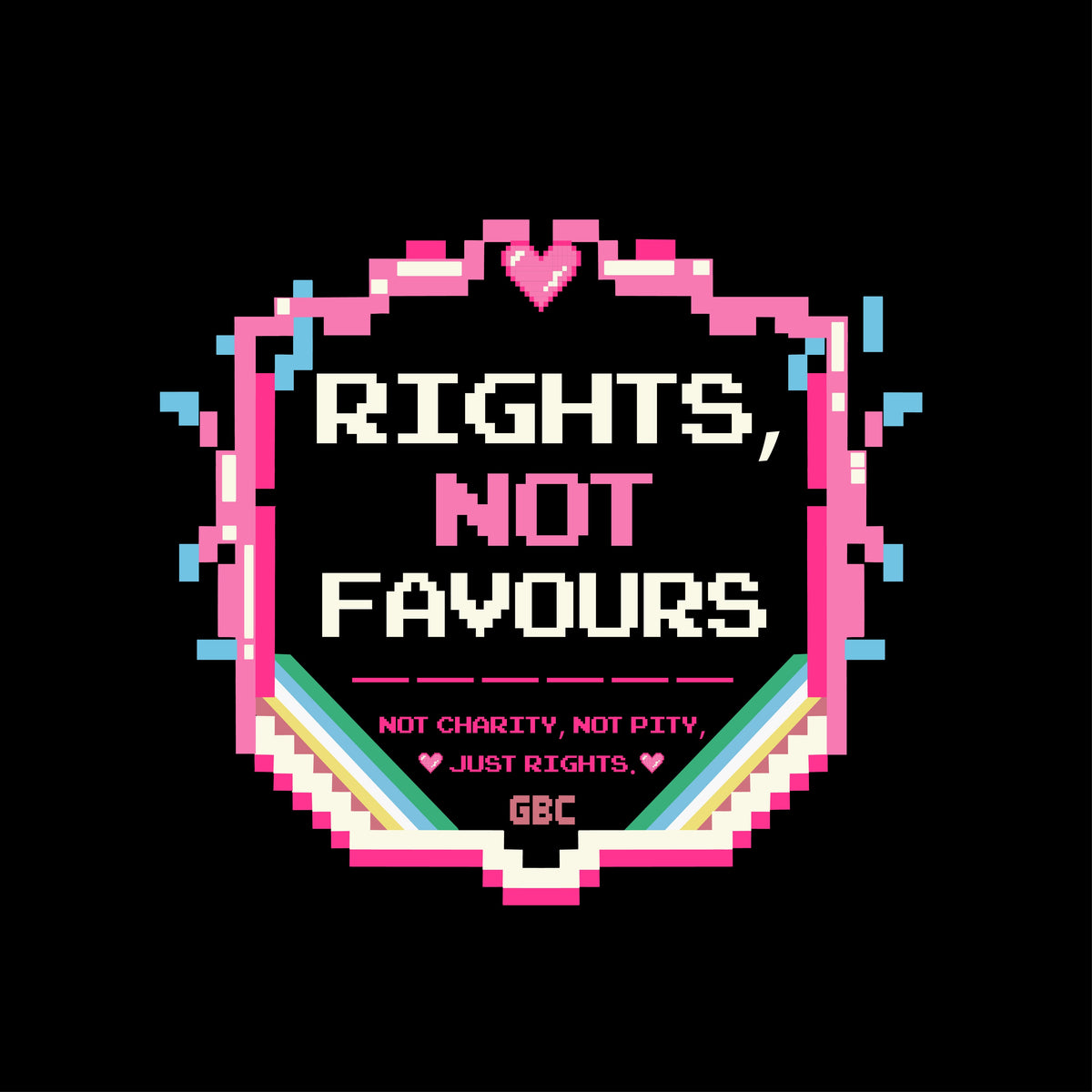 Pixel-art Rights Not Favours disability-rights crest in blue, pink and rainbow colours