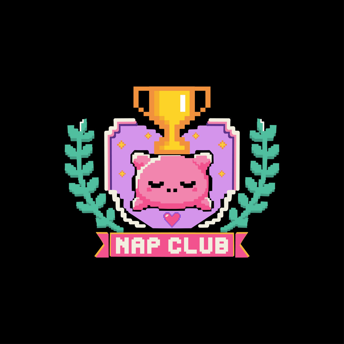 Pixel-art Nap Club design with a sleepy pink pillow and gold trophy