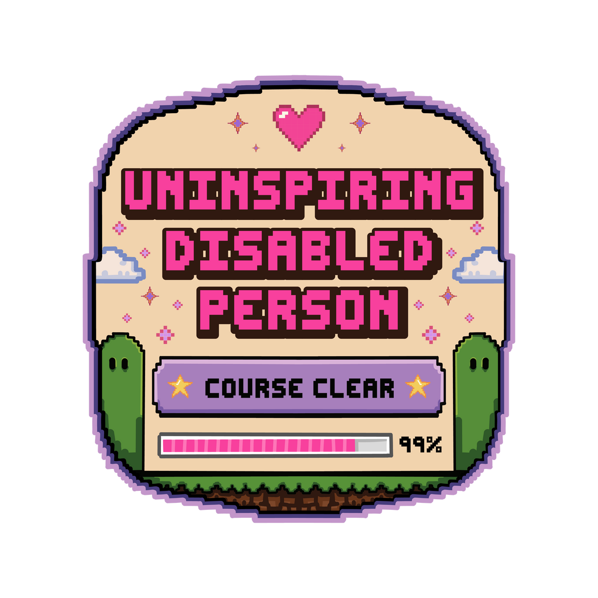 Pixel-art Uninspiring Disabled Person course-clear screen in pink, cream and green