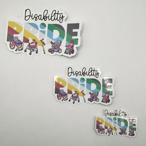 Disability Pride glossy stickers in 2, 3 and 4 inch sizes