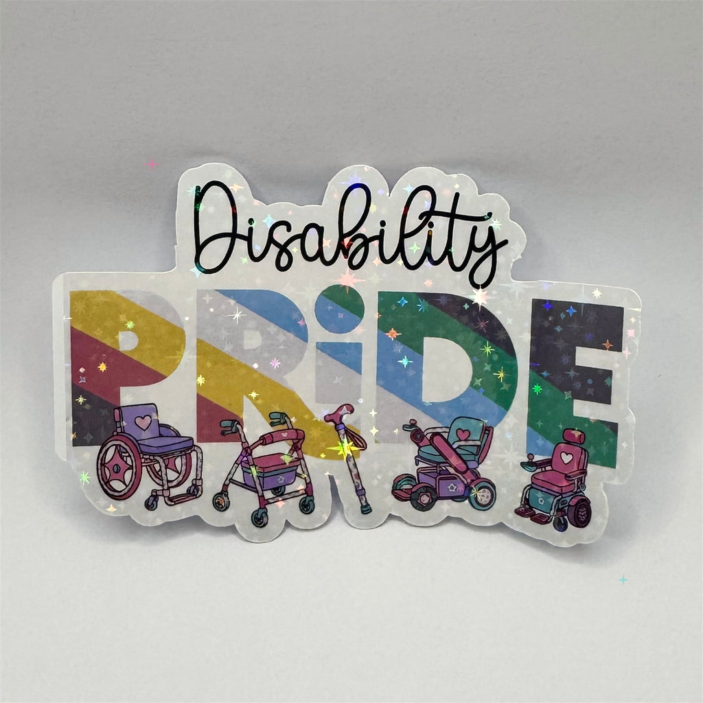 Disability Pride holographic sticker with colourful mobility aids