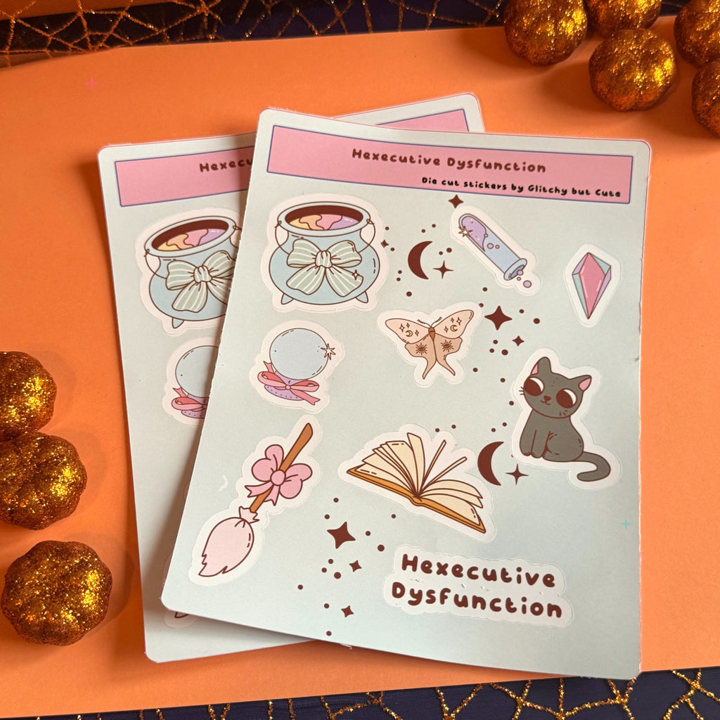 Hexecutive Dysfunction glossy sticker sheet lifestyle photo