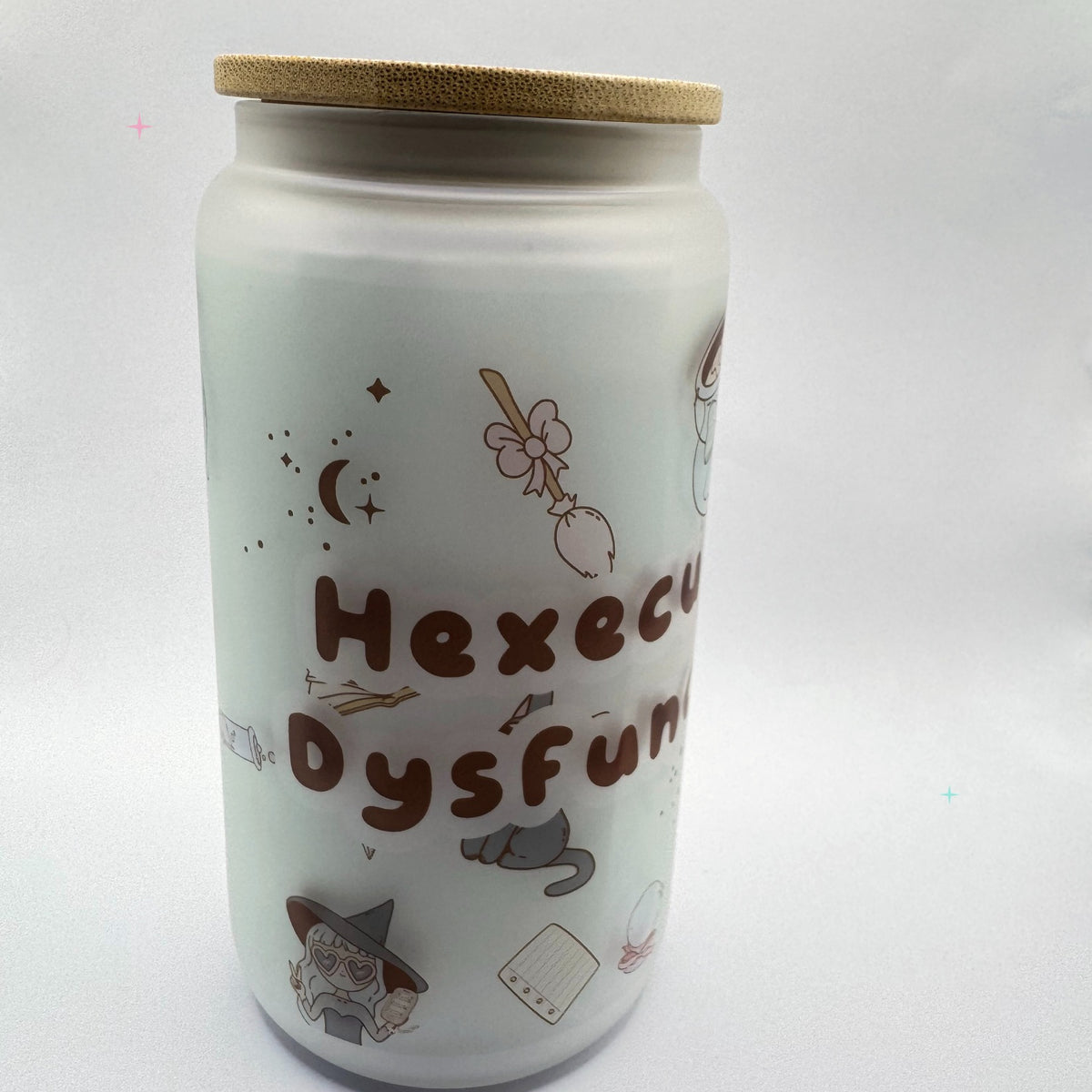Hexecutive Dysfunction frosted glass tumbler on white background