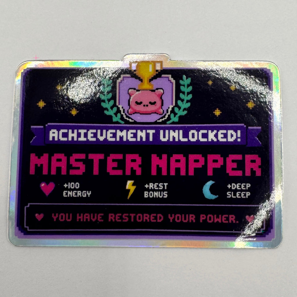 Master Napper holographic sticker with retro video game achievement design