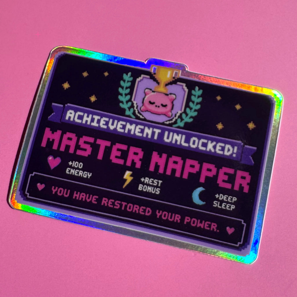 Master Napper holographic sticker with a pixel-art sleep achievement design on a pink background