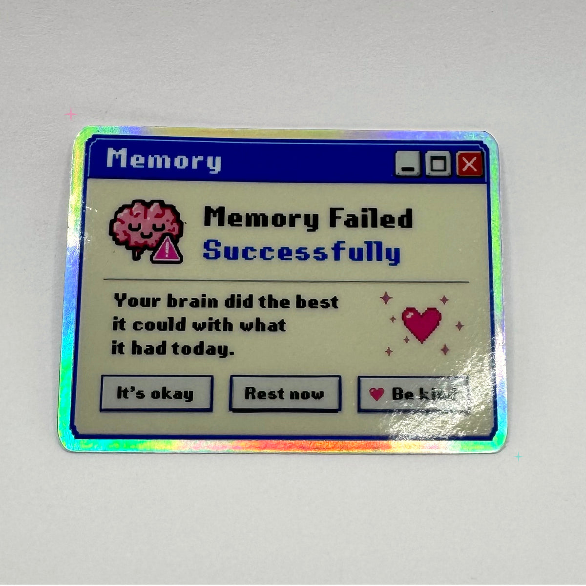 Memory Failed Successfully holographic sticker with retro computer error design