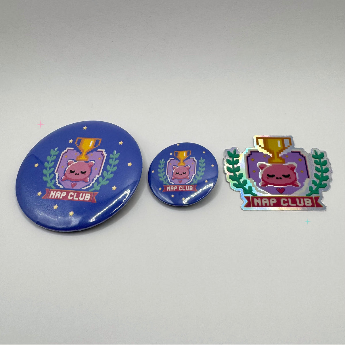 Nap Club bundle with 32mm badge, 58mm badge and holographic sticker