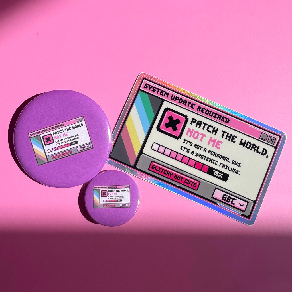 Patch the World, Not Me bundle with 32mm and 58mm purple badges and a matching holographic sticker