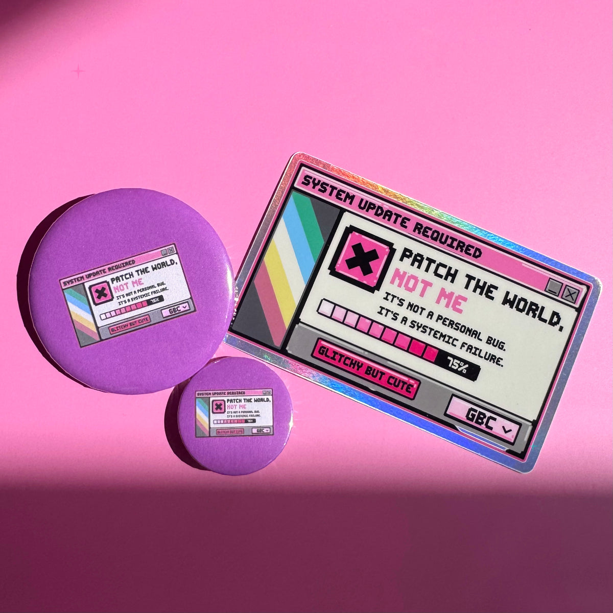 Patch the World, Not Me bundle with 32mm and 58mm purple badges and a matching holographic sticker