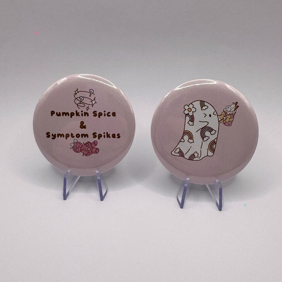 Pumpkin Spice & Symptom Spikes – 2 × 58mm Badge Set