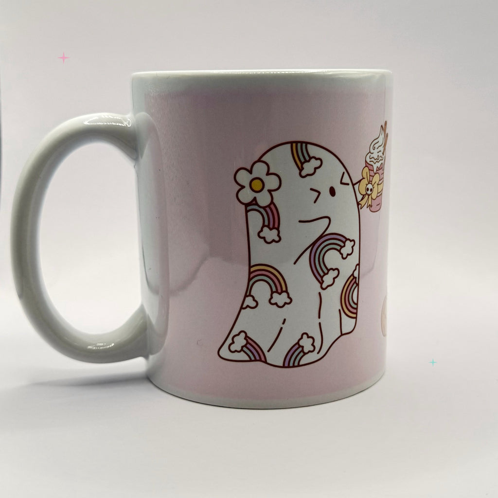 11oz Pumpkin Spice and Symptom Spikes mug showing the ghost artwork