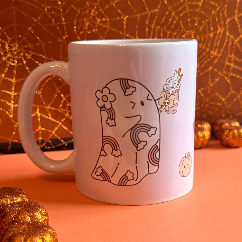 Pumpkin Spice and Symptom Spikes mug styled with orange autumn decor