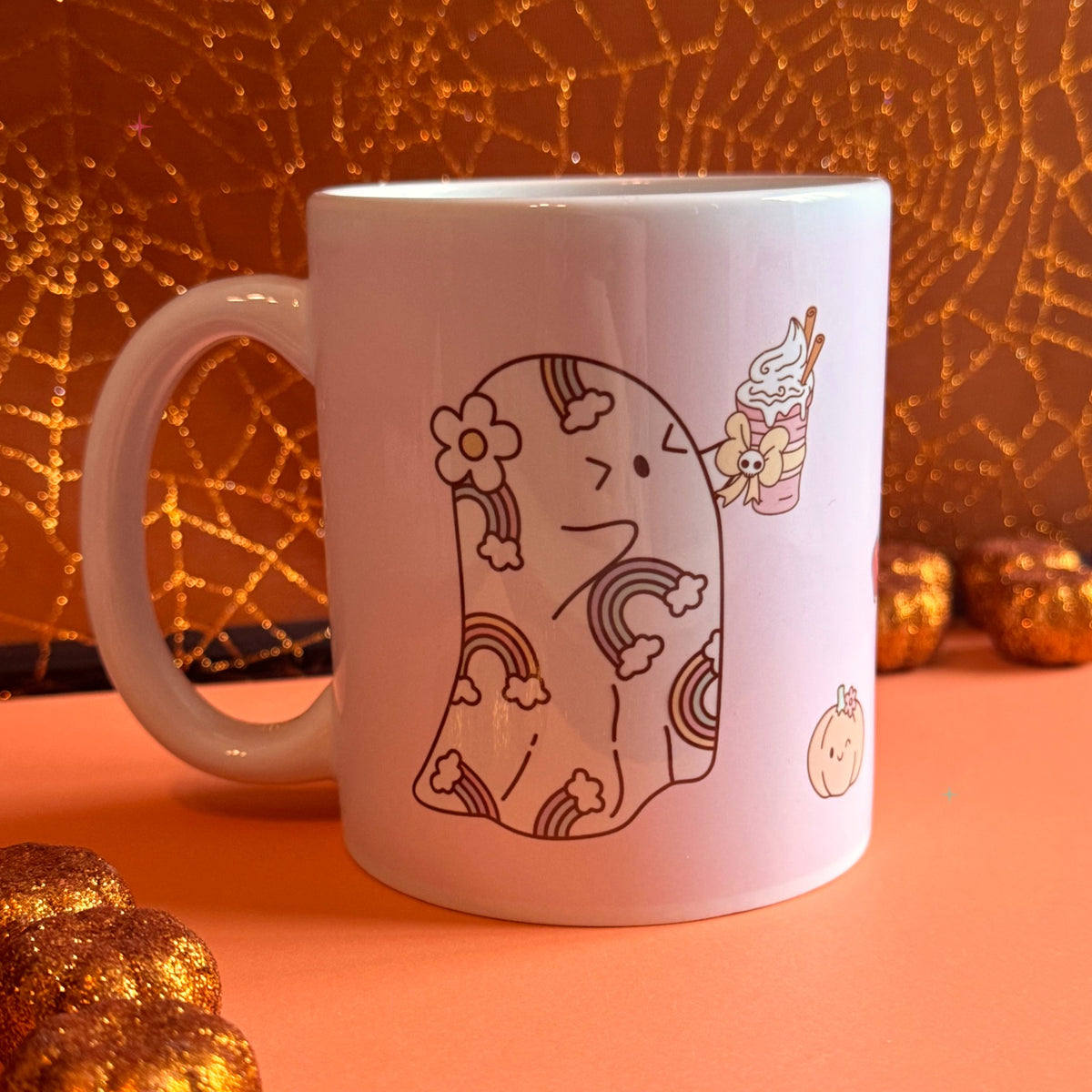 Pumpkin Spice and Symptom Spikes mug styled with orange autumn decor