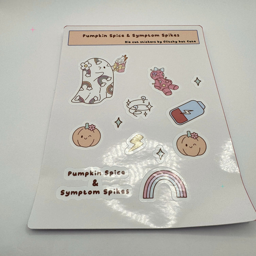 Pumpkin Spice and Symptom Spikes glossy sticker sheet on a white background