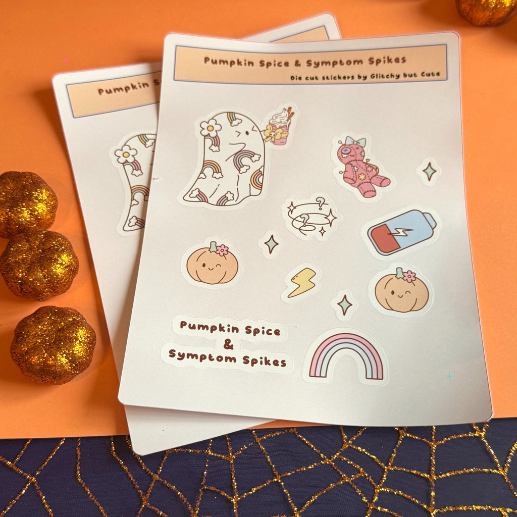 Two Pumpkin Spice and Symptom Spikes sticker sheets styled with autumn props