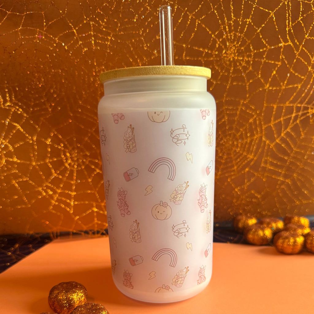 Frosted Pumpkin Spice and Symptom Spikes tumbler styled with autumn decor