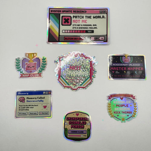 Seven assorted holographic disability and chronic illness stickers